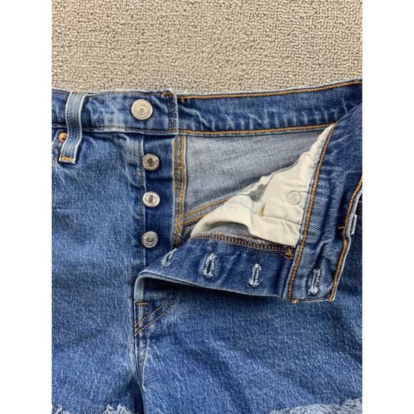 Levis 501 Cutoff Denim Shorts Women W27 Blue Raw Hem Frayed Logo Patch - Picture 8 of 10